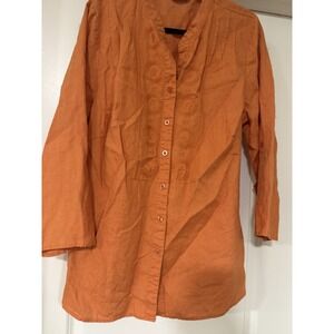 e.col.o.gie Embroidered 100% Linen S 2X Roll Tab Sleeves Tunic Top Orange Bursts
